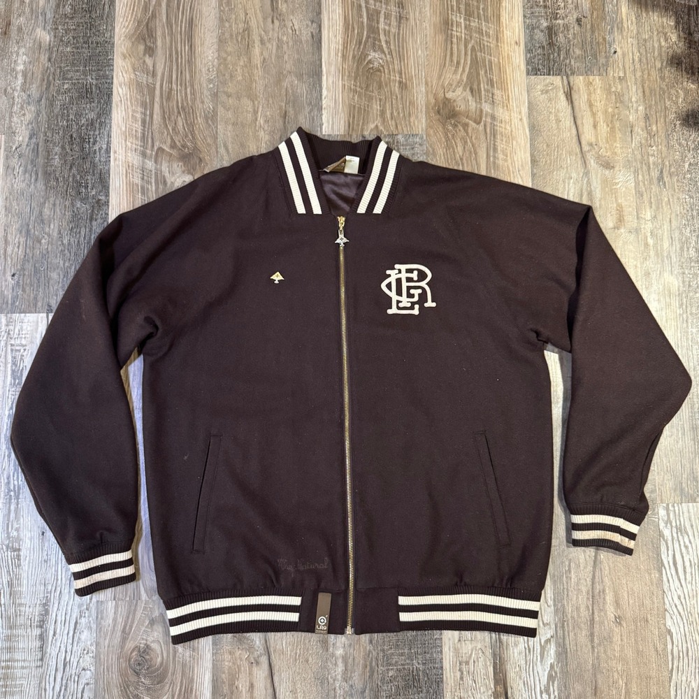 Y2K LRG Jacket Mens 2XL Brown Varsity Wool Blend Full Zip Embroidered Logo Skate
